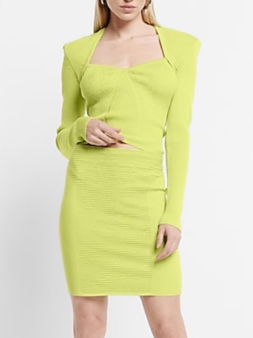 Express Lime Green Ribbed Cropped Top and skirt